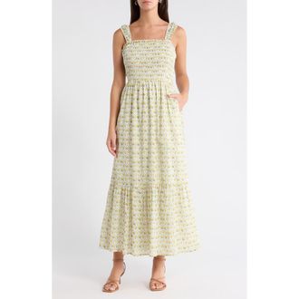 Sugarlips Vemmy Abstract Tayla Smocked Maxi Dress in White-Yellow at Nordstrom, Size X-Large