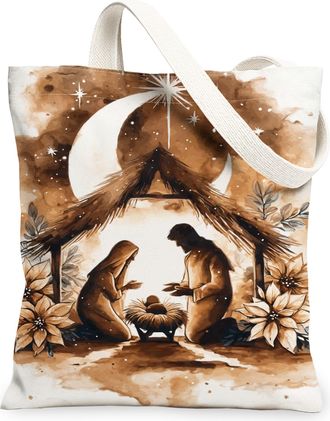 Generic Christmas Nativity Canvas Tote Bags, Vintage Artistic Design Lightweight Washable Reusable Grocery Bags for Holiday Travel, Brown, 13x15 Inch