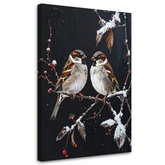Feeby Cuadro En Lienzo, Gorriones P&aacute;jaros Posados En Una Rama En Invierno, 80x120