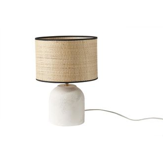 Miliboo L&aacute;mpara De Mesa Blanca De Cer&aacute;mica Efecto Piedra Con Pantalla De Rafia 35 Cm Rocha