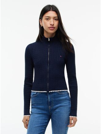 Tommy Hilfiger Womens Tommy Jeans Mini Cable Knit Zip Sweater - Navy - XXS