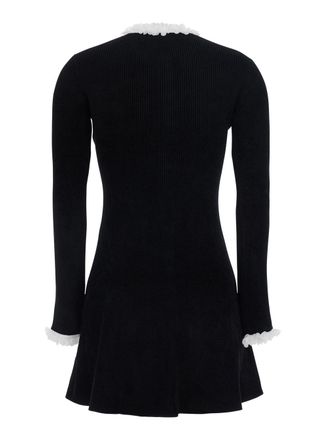 Self Portrait Floral-Trimmed Ribbed Viscose Mini Dress - Black