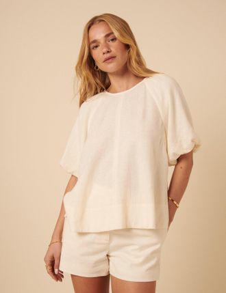 Nobody's Child Cream Linen-blend Puff Sleeve Top
