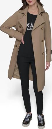 Karl Lagerfeld Water Resistant Embossed Logo Detail Cotton Blend Trench Coat in Khaki at Nordstrom, Size X-Small