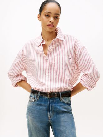 Tommy Hilfiger Hemdbluse TOMMY HILFIGER NEW POPLIN EASY SHIRT, Damen, Gr. 40, sile stp, medium rot, Web, Obermaterial: 100% Baumwolle, gestreift, Po-bedeckend, Bluse