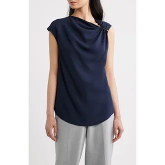 BOSS Bannea Pin Detail Crepe Top in Sky Captain at Nordstrom, Size 10