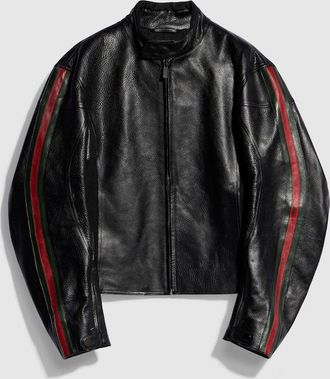 Gucci Leather Biker Jacket With Web Detail, Size 42 it, Black, Ready-to-wear