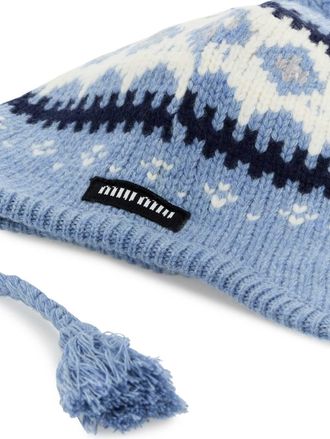 Miu Miu Womens Fair Isle Knit Beanie Blue Virgin Wool