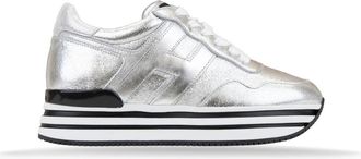 Hogan Leren vetersneakers met laminaat - Dames - Sneakers - Grijs - 34 1/2 EU - Leer - Schoenen