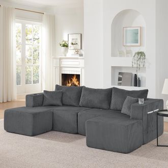 STILVORA Sof&aacute; Modular De 3 Plazas, Sof&aacute; En Forma De L Comprimido Con Otomanas M&oacute;viles, Suave Tejido De Corduroy, Portavasos, Bolsillo Lateral Y Cojines, Adecua
