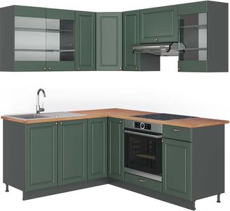 Vicco Cocina Esquinera Fame-line, Verde-dorado Casa De Campo/antracita, 160 X 190 Cm, Et Roble