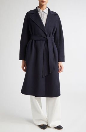 Max Mara Cles Virgin Wool Blend Belted Coat in Navy at Nordstrom, Size 10