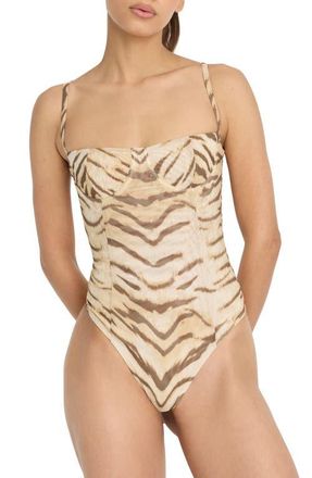 Good American Corset Demi Mesh Bodysuit in Brown Tiger at Nordstrom, Size Xx-Large