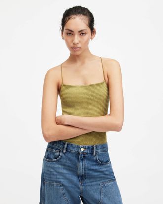 AllSaints Womens Polyester Tilly Shirred Square Neck Bodysuit, Size: UK 16/US 12