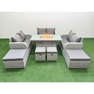 Fimous Pe Rattan Lounge Sofa Set 10 Seater Outdoor Garden Furniture Set with Gas Firepit Table Love Sofa 2 Big Footstools Light Grey - Fimous