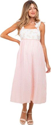 Pinkblush Floral Contrast Stripe Shoulder Tie Midi Dress in Peach at Nordstrom, Size Medium