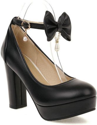 Generic Womens Elegant Platform Wedding Shoes Bow-Knot Ankle Strap Pumps Chunky Heel Romantic Evening Party Heels,Black,1.5 UK