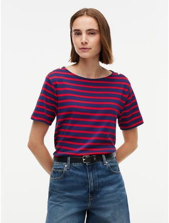 Tommy Hilfiger Womens Gold-Button Striped Interlock T-Shirt - Red Combo - XXL