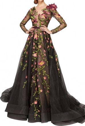 MNM Couture Cold Shoulder Embroidered Gown In Black