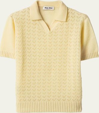 Miu Miu Cashmere Pointelle Knit Short-Sleeve Polo Shirt