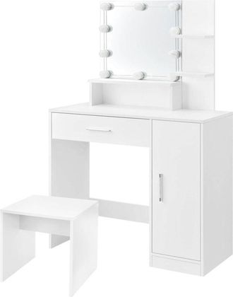 ML Design Ml-design - Tavolino Cosmetico da Trucco Bianco con Sgabello e Luci led 90 x 38 x 137 cm con Specchio Cassetto 3 Ripiani Armadietto in Legno mdf