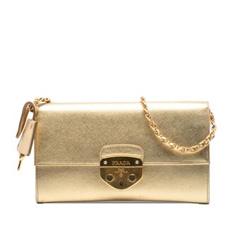 Prada Pre-owned Womens Saffiano Sound Lock Wallet On Chain - Beige Leather - One Size