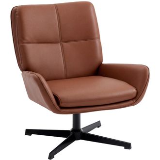 HOMCOM Homcom Sill&oacute;n Giratorio, Butaca De Sal&oacute;n Tapizada En Pu, Sill&oacute;n De Lectura Con Asiento Acolchado, Reposabrazos, Patas Met&aacute;licas, Marr&oacute;n