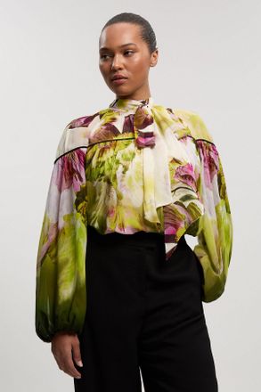 Karen Millen Womens Plus Size Viscose Floral Print Woven Tie Neck Blouse - Size 20 UK
