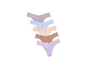 Hanky Panky Signature Lace(r) Low Rise Thongs 5-Pack Womens Underwear Periwinkle/Steel Grey/Sun Tan/Vanilla/Lavender Fields Purple, Nylon
