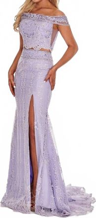 Rachel Allan Beaded Lace Two-Piece Prom Gown With High Slit In Lilac