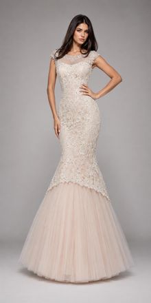 Sherri Hill Formal Beaded Cap Sleeve Lace Mermaid Gown In Ivory