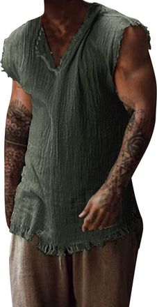 Generic Men Vintage Fashion Punk Sleeveless T Shirt Oversized Hip-Hop Clothing Cotton Vests Outdoor Loose Sports Vest Muscle Vest Running Tank Top Solid Color