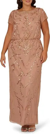 Adrianna Papell Beaded Mesh Blouson Gown in Rose Gold at Nordstrom, Size 16W