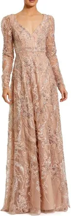 Mac Duggal Floral Embroidered V-Neck Long Sleeve Gown in Taupe at Nordstrom, Size 14