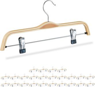 Relaxdays 25 Perchas De Madera Para Pantalones, Pinzas Ajustables Con Goma, Ganchos Giratorios 360&deg;, 37 Cm, Color Natural