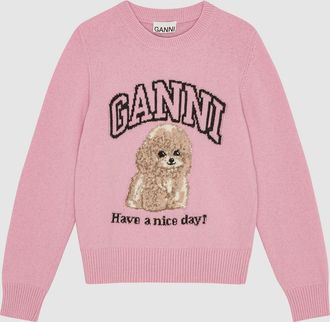 Ganni Pull Graphic Wool Mix Poodle Crewneck Chalk Pink