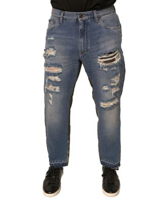 Dolce & Gabbana Mens Blue Tattered Straight Cropped Denim Jeans Cotton Clothing