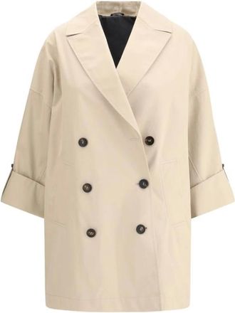 Brunello Cucinelli Jassen, Dames, Beige, 2Xs, Katoen, Elegante Midi Trenchcoat met Juweeldetail