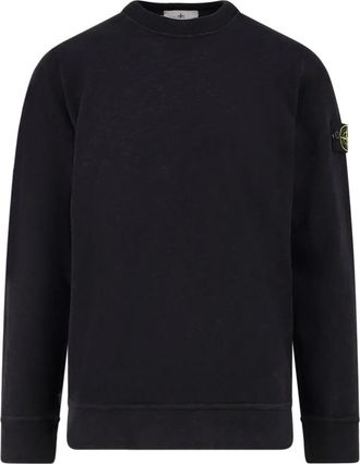 Stone Island Sweatshirts, male, Black, XL, Black Crew-neck Jumper with Logo Patch