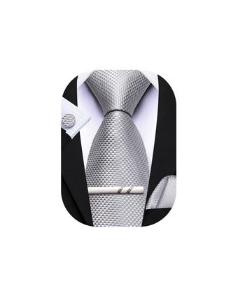 Barry.Wang Silver Tie Mens Grey Ties Silk Necktie Pocket Square Cufflinks Set Formal Wedding