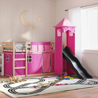 vidaXL Vidaxl - Letto a Castello con Scivolo e Tende Rosa 90x190 cm