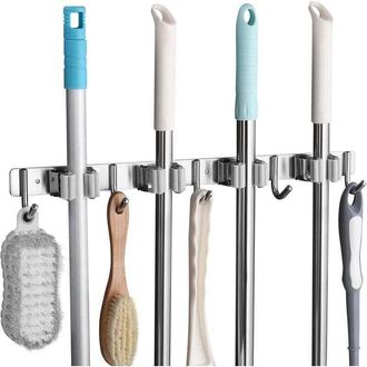 OEM Porta Scope Da Parete In Acciaio Inox Con 4 Fessure E 5 Ganci Per Cucina, Bagno, Garage E Giardino, Grigio