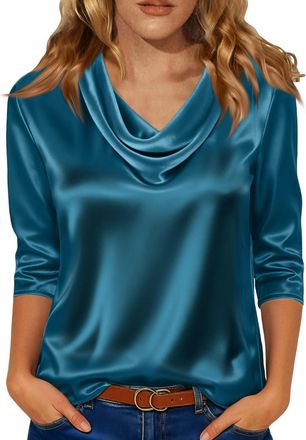 Generic Satin Tops Blouses for Women UK 3/4 Sleeve Silk Ladies Tops Cowl Neck Top Elegant Casual Business Shirts Green Blouse M 13