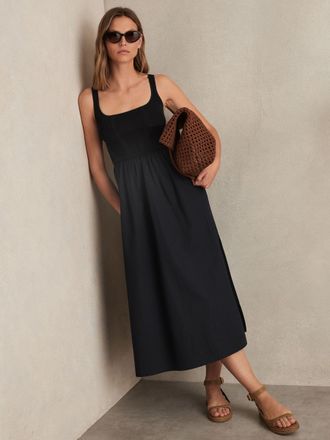 Reiss Womens Navy Blue Perforated-Knit Cotton-Skirt Midi Dress, Size: 18