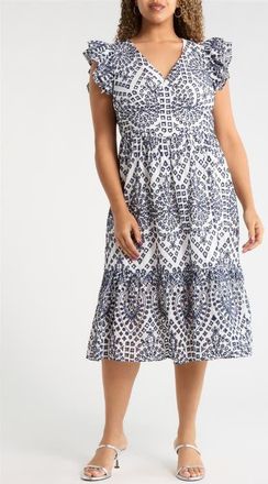 Sugarlips Ines Zayla Eyelet Cotton Poplin Midi Dress in White-Blue at Nordstrom, Size 3 X