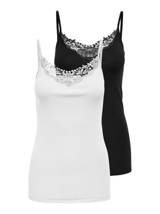 Only Longtop ONLY ONLLULU LACE SINGLET 2PACK CS JRS, Damen, Gr. XL, schwarz pack:wei&szlig;, Jersey, Obermaterial: 100% Baumwolle, unifarben, h&uuml;ftlang, V-Ausschn