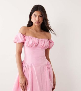 KAIIA Esclusiva Kaiia - Vestito milkmaid corto color rosa confetto in cotone con maniche a sbuffo raccolto sui fianchi