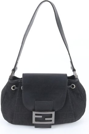 Fendi Black Leather Canvas Handbag Shoulder Bag Tote Bag (Pre-Owned)