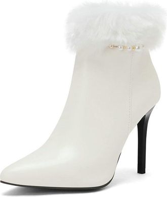 Generic Womens Winter Faux Fur Dressy Ankle Boots Pointed Toe Zipper Stiletto Heels Pumps Winter Casual Party Shoes (White,7.5)