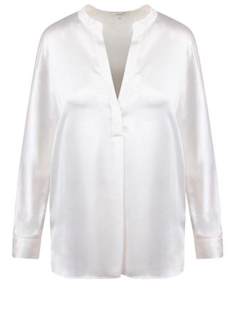 Vince Silk V-Neck Blouse with Mandarin Collar and Adjustable Cuffs